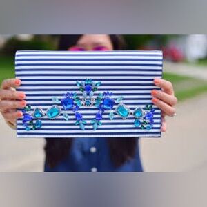 Express Bejeweled Blue and White Stripe Envelope Clutch Bag